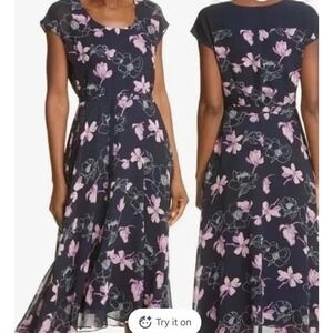 Club Monaco Silk Dress Sz 4 Blue Floral Midi Handkerchief Hem Fairy Feminine